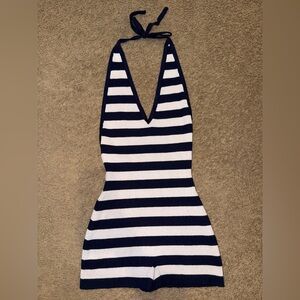 Edikted Navy and White Striped Halter Jumpsuit